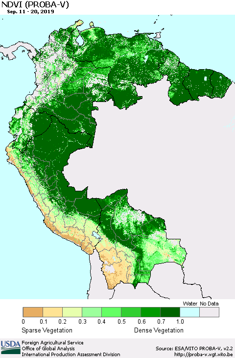 Northern South America NDVI (PROBA-V) Thematic Map For 9/11/2019 - 9/20/2019