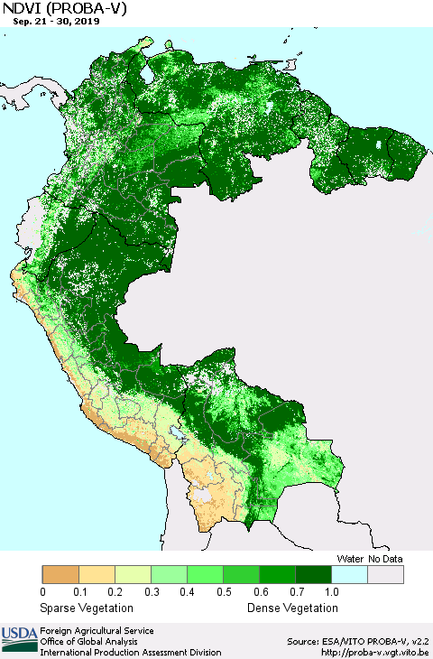 Northern South America NDVI (PROBA-V) Thematic Map For 9/21/2019 - 9/30/2019