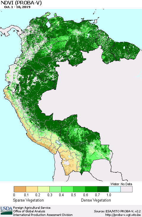 Northern South America NDVI (PROBA-V) Thematic Map For 10/1/2019 - 10/10/2019
