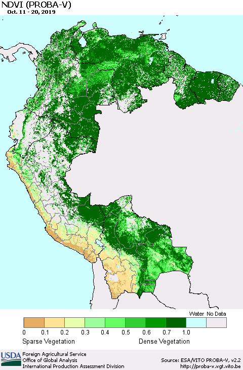 Northern South America NDVI (PROBA-V) Thematic Map For 10/11/2019 - 10/20/2019