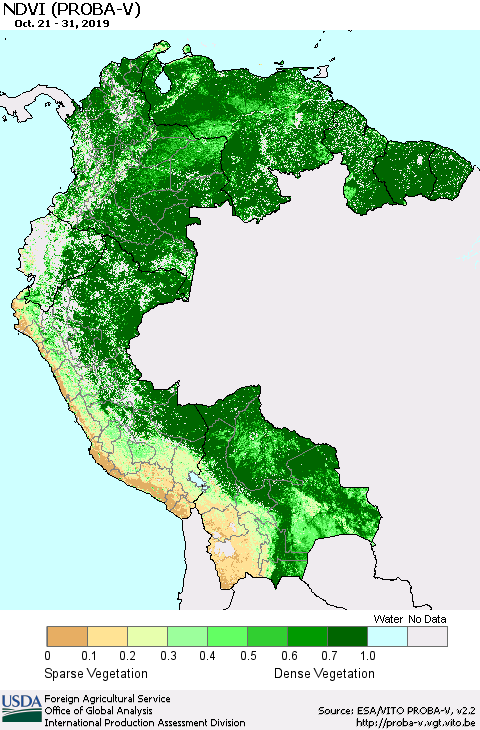 Northern South America NDVI (PROBA-V) Thematic Map For 10/21/2019 - 10/31/2019