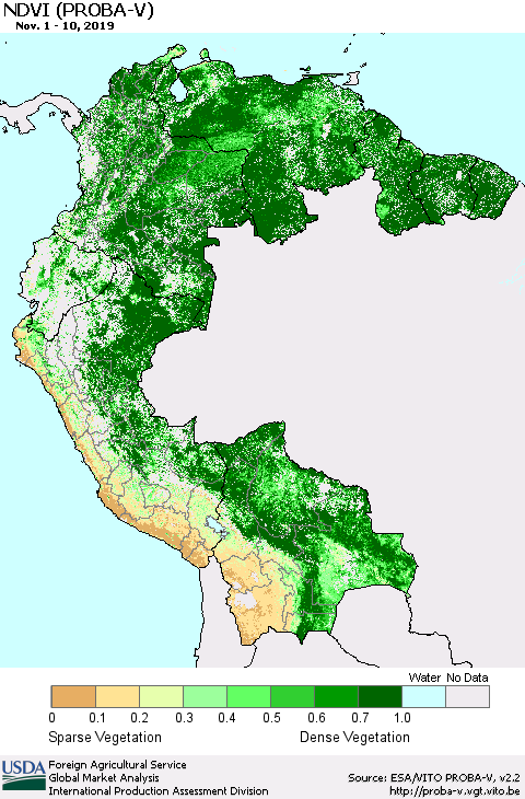 Northern South America NDVI (PROBA-V) Thematic Map For 11/1/2019 - 11/10/2019