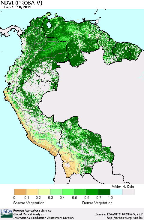 Northern South America NDVI (PROBA-V) Thematic Map For 12/1/2019 - 12/10/2019