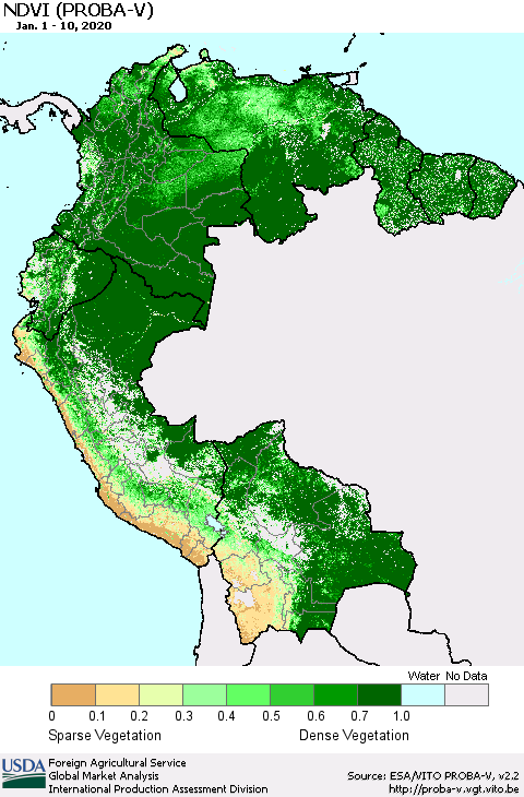 Northern South America NDVI (PROBA-V) Thematic Map For 1/1/2020 - 1/10/2020
