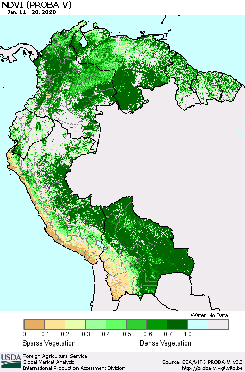 Northern South America NDVI (PROBA-V) Thematic Map For 1/11/2020 - 1/20/2020