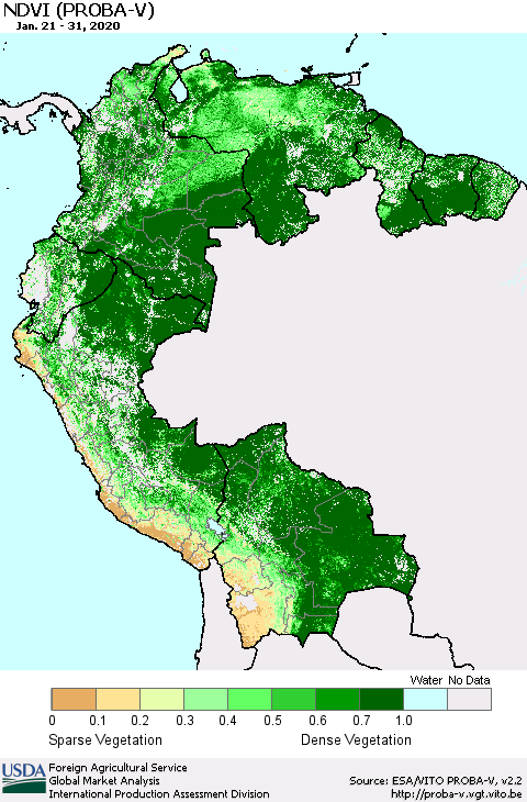 Northern South America NDVI (PROBA-V) Thematic Map For 1/21/2020 - 1/31/2020