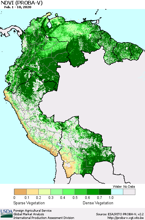 Northern South America NDVI (PROBA-V) Thematic Map For 2/1/2020 - 2/10/2020
