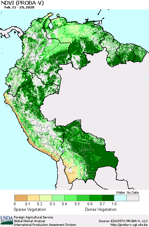 Northern South America NDVI (PROBA-V) Thematic Map For 2/21/2020 - 2/29/2020