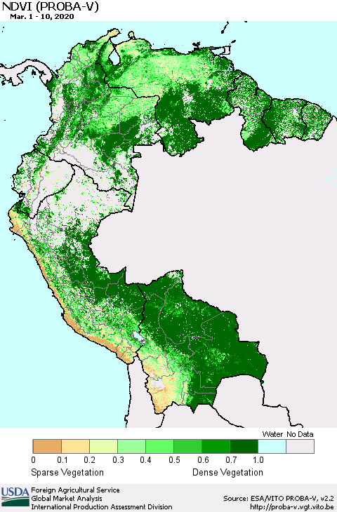 Northern South America NDVI (PROBA-V) Thematic Map For 3/1/2020 - 3/10/2020