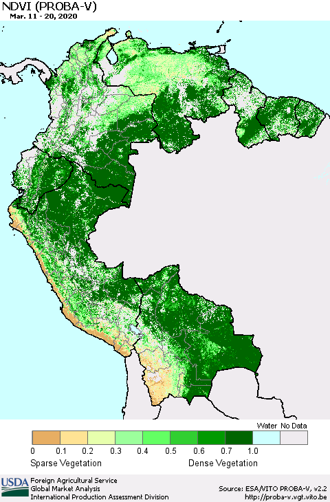 Northern South America NDVI (PROBA-V) Thematic Map For 3/11/2020 - 3/20/2020