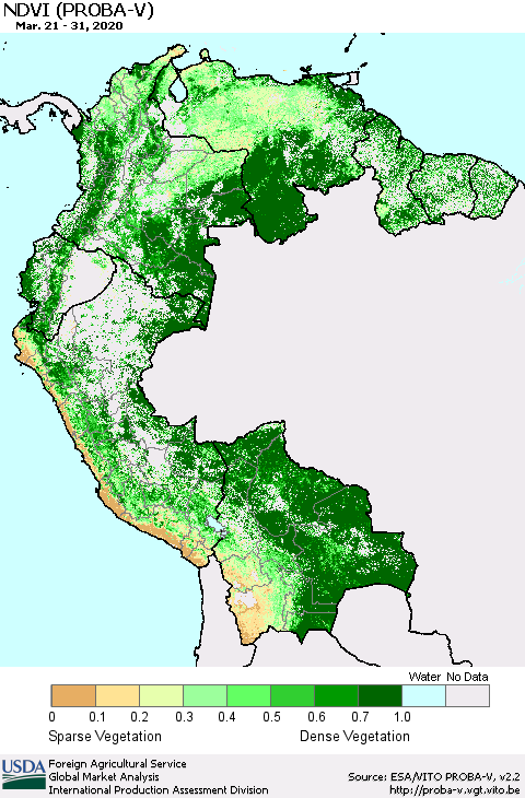 Northern South America NDVI (PROBA-V) Thematic Map For 3/21/2020 - 3/31/2020