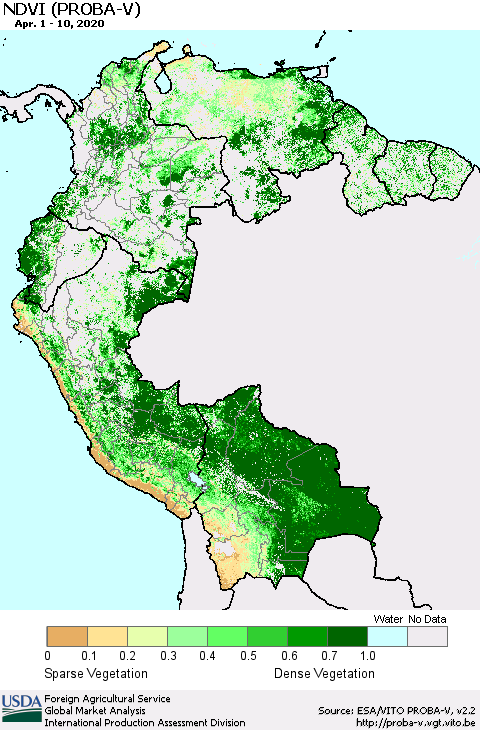 Northern South America NDVI (PROBA-V) Thematic Map For 4/1/2020 - 4/10/2020