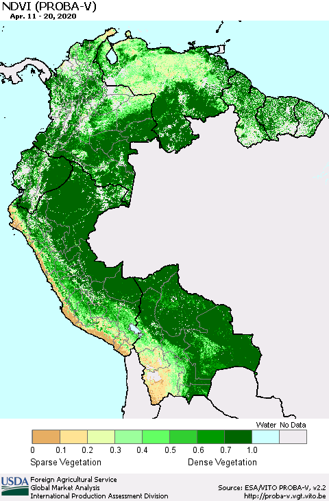 Northern South America NDVI (PROBA-V) Thematic Map For 4/11/2020 - 4/20/2020