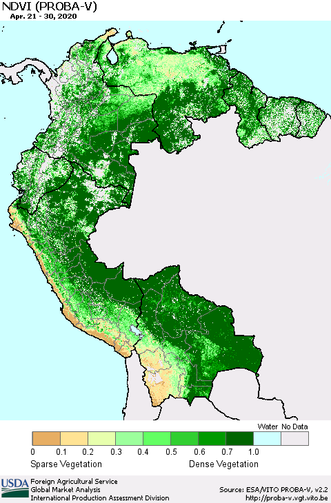 Northern South America NDVI (PROBA-V) Thematic Map For 4/21/2020 - 4/30/2020