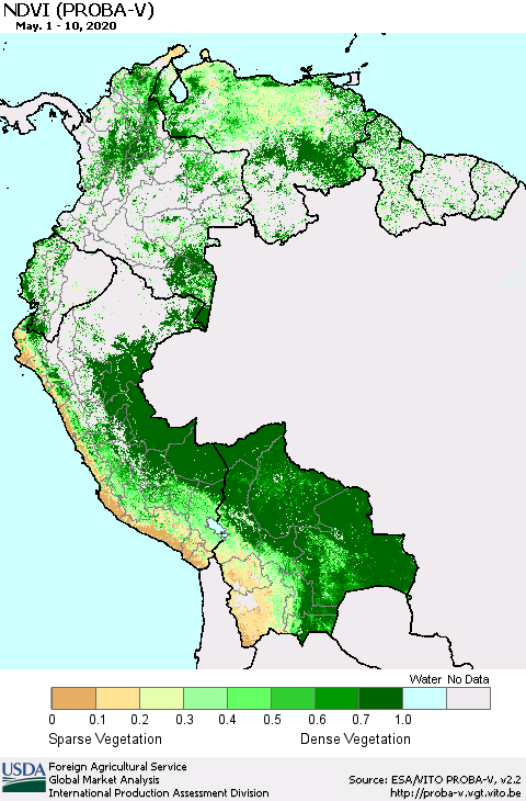 Northern South America NDVI (PROBA-V) Thematic Map For 5/1/2020 - 5/10/2020