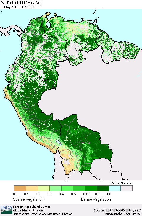 Northern South America NDVI (PROBA-V) Thematic Map For 5/21/2020 - 5/31/2020