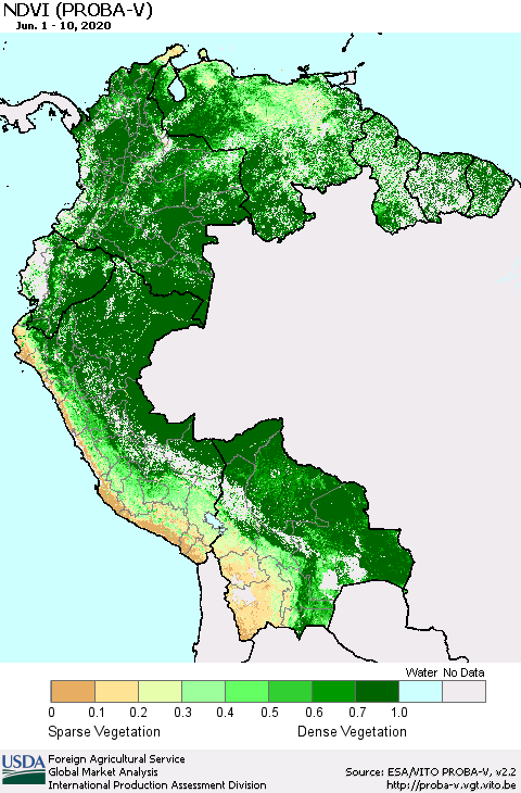 Northern South America NDVI (PROBA-V) Thematic Map For 6/1/2020 - 6/10/2020
