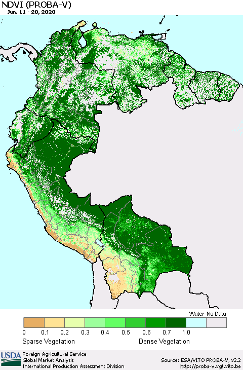 Northern South America NDVI (PROBA-V) Thematic Map For 6/11/2020 - 6/20/2020