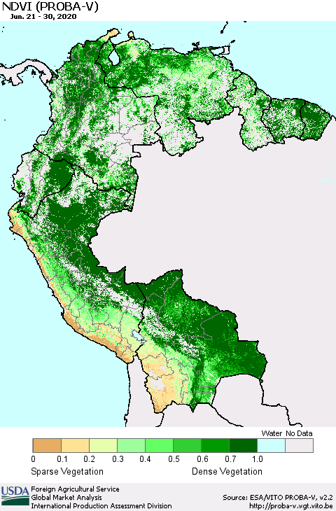 Northern South America NDVI (PROBA-V) Thematic Map For 6/21/2020 - 6/30/2020