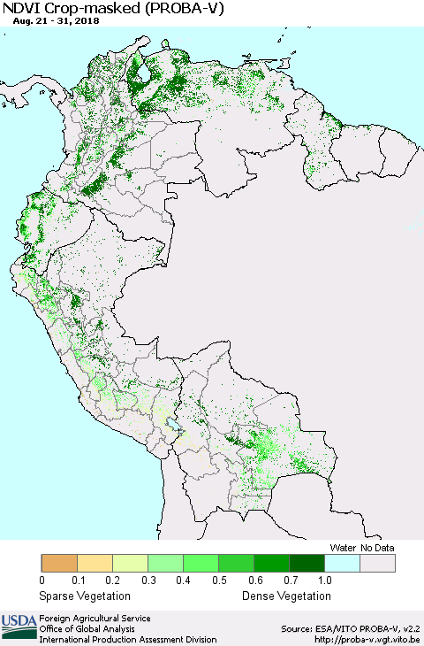 Northern South America NDVI Crop-masked (PROBA-V) Thematic Map For 8/21/2018 - 8/31/2018