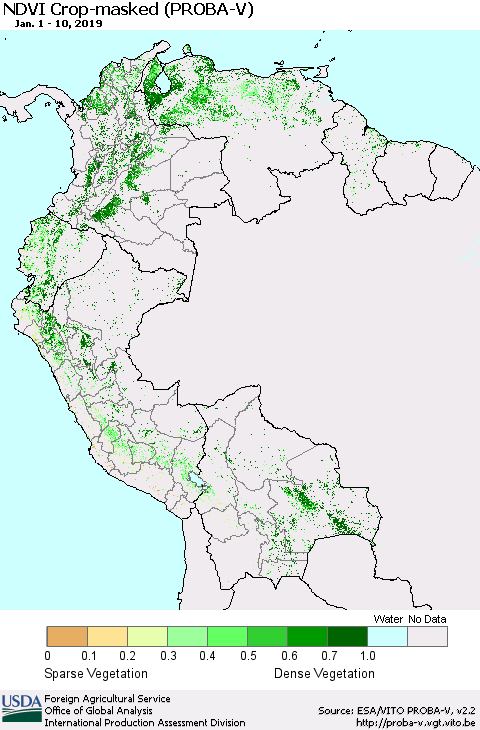 Northern South America NDVI Crop-masked (PROBA-V) Thematic Map For 1/1/2019 - 1/10/2019