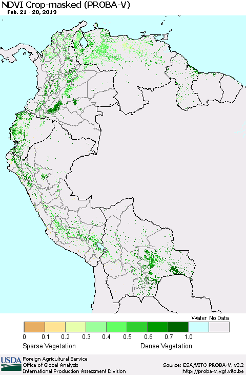 Northern South America NDVI Crop-masked (PROBA-V) Thematic Map For 2/21/2019 - 2/28/2019