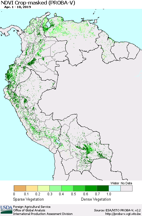 Northern South America NDVI Crop-masked (PROBA-V) Thematic Map For 4/1/2019 - 4/10/2019