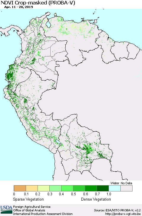 Northern South America NDVI Crop-masked (PROBA-V) Thematic Map For 4/11/2019 - 4/20/2019