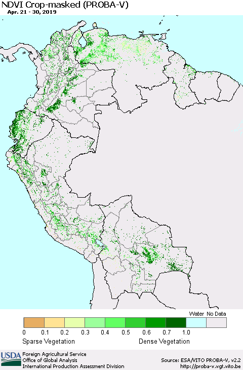 Northern South America NDVI Crop-masked (PROBA-V) Thematic Map For 4/21/2019 - 4/30/2019