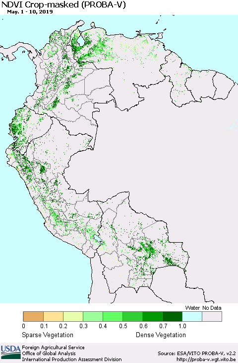 Northern South America NDVI Crop-masked (PROBA-V) Thematic Map For 5/1/2019 - 5/10/2019