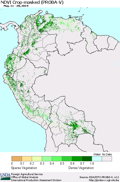Northern South America NDVI Crop-masked (PROBA-V) Thematic Map For 5/11/2019 - 5/20/2019