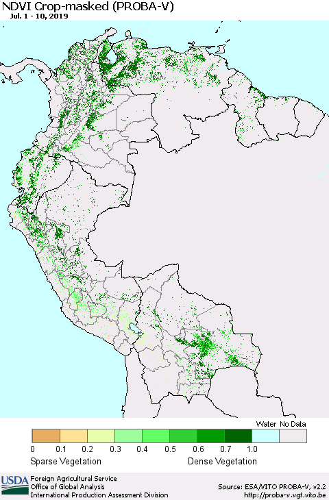 Northern South America NDVI Crop-masked (PROBA-V) Thematic Map For 7/1/2019 - 7/10/2019