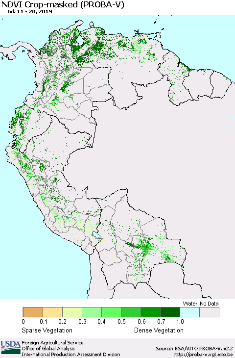 Northern South America NDVI Crop-masked (PROBA-V) Thematic Map For 7/11/2019 - 7/20/2019