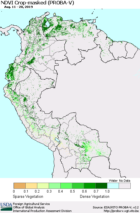 Northern South America NDVI Crop-masked (PROBA-V) Thematic Map For 8/11/2019 - 8/20/2019