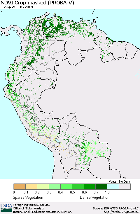 Northern South America NDVI Crop-masked (PROBA-V) Thematic Map For 8/21/2019 - 8/31/2019
