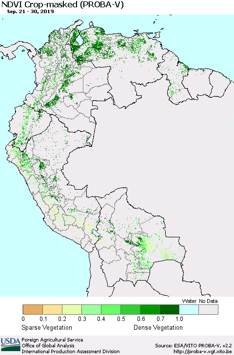 Northern South America NDVI Crop-masked (PROBA-V) Thematic Map For 9/21/2019 - 9/30/2019