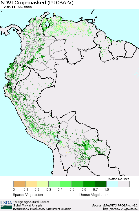 Northern South America NDVI Crop-masked (PROBA-V) Thematic Map For 4/11/2020 - 4/20/2020
