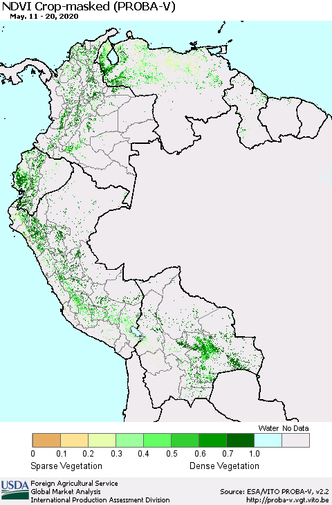 Northern South America NDVI Crop-masked (PROBA-V) Thematic Map For 5/11/2020 - 5/20/2020
