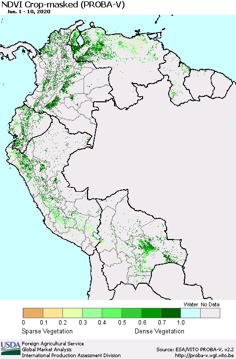 Northern South America NDVI Crop-masked (PROBA-V) Thematic Map For 6/1/2020 - 6/10/2020