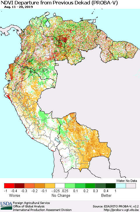 Northern South America NDVI Departure from Previous Dekad (PROBA-V) Thematic Map For 8/11/2019 - 8/20/2019