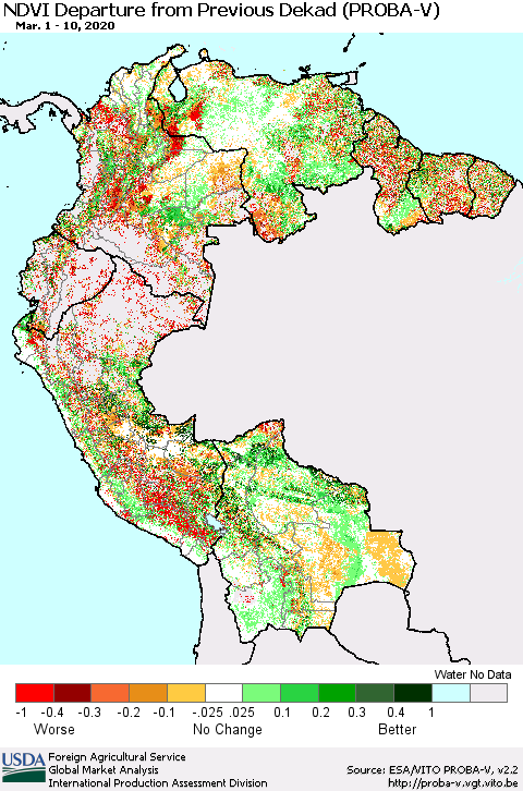 Northern South America NDVI Departure from Previous Dekad (PROBA-V) Thematic Map For 3/1/2020 - 3/10/2020
