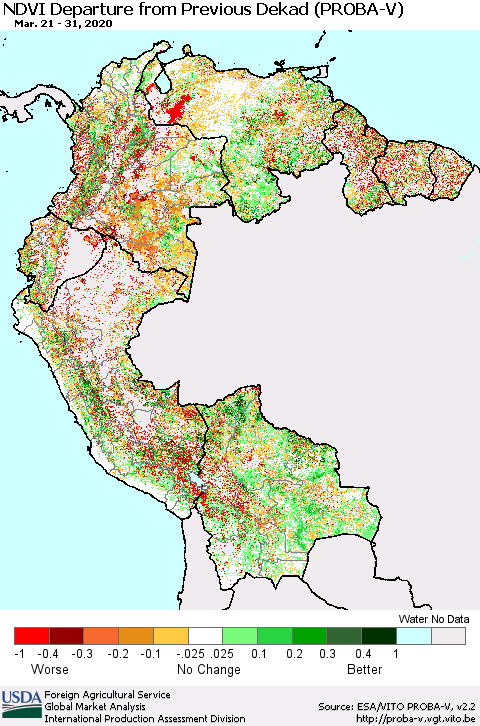 Northern South America NDVI Departure from Previous Dekad (PROBA-V) Thematic Map For 3/21/2020 - 3/31/2020