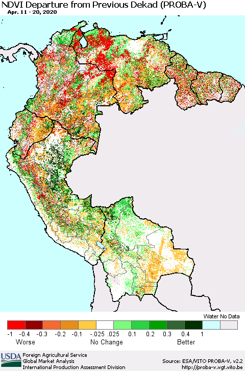 Northern South America NDVI Departure from Previous Dekad (PROBA-V) Thematic Map For 4/11/2020 - 4/20/2020
