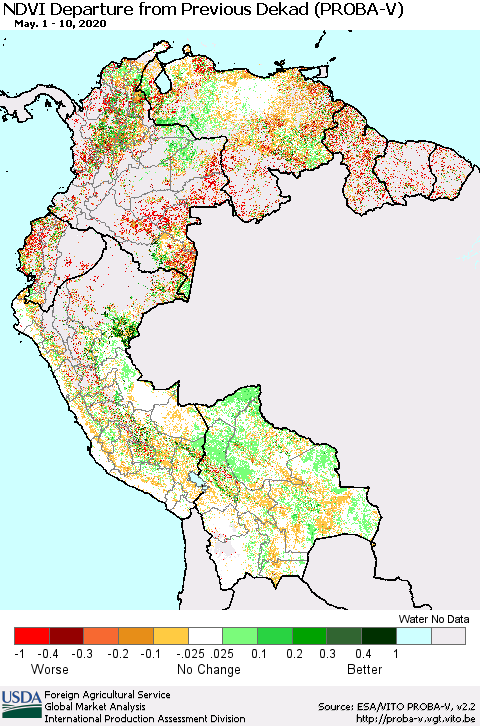 Northern South America NDVI Departure from Previous Dekad (PROBA-V) Thematic Map For 5/1/2020 - 5/10/2020