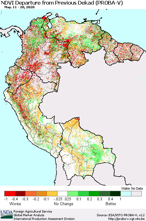 Northern South America NDVI Departure from Previous Dekad (PROBA-V) Thematic Map For 5/11/2020 - 5/20/2020