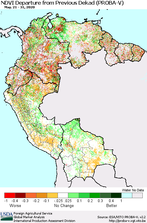 Northern South America NDVI Departure from Previous Dekad (PROBA-V) Thematic Map For 5/21/2020 - 5/31/2020