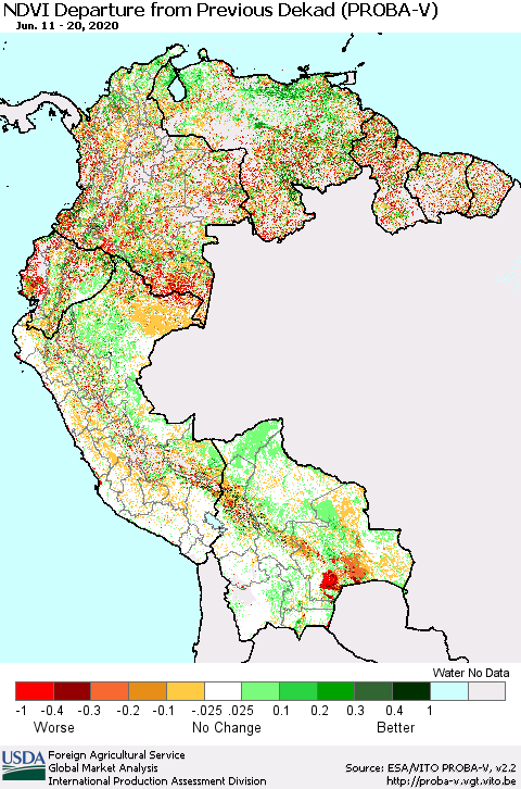 Northern South America NDVI Departure from Previous Dekad (PROBA-V) Thematic Map For 6/11/2020 - 6/20/2020
