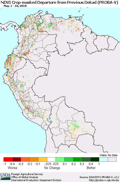 Northern South America NDVI Crop-masked Departure from Previous Dekad (PROBA-V) Thematic Map For 5/1/2018 - 5/10/2018