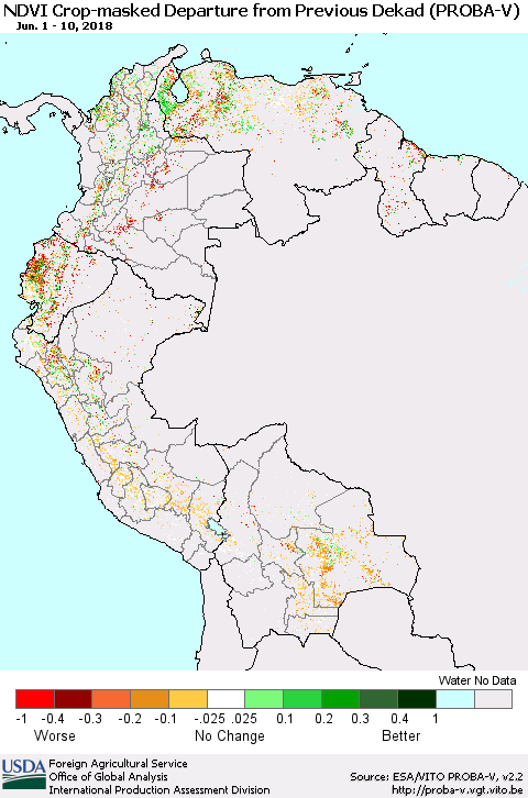 Northern South America NDVI Crop-masked Departure from Previous Dekad (PROBA-V) Thematic Map For 6/1/2018 - 6/10/2018