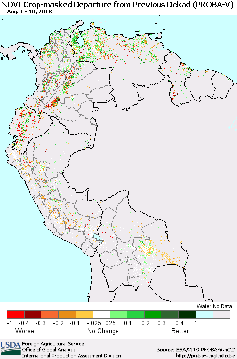 Northern South America NDVI Crop-masked Departure from Previous Dekad (PROBA-V) Thematic Map For 8/1/2018 - 8/10/2018